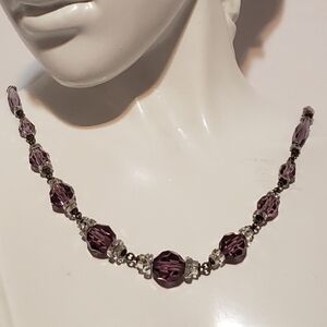 Art Deco Necklace, Purple & Clear Faceted Beads 16"